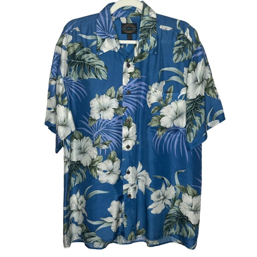Hawaiian Silk Co. Blue Floral Short Sleeve Shirt Mens L Island Aloha Beachy